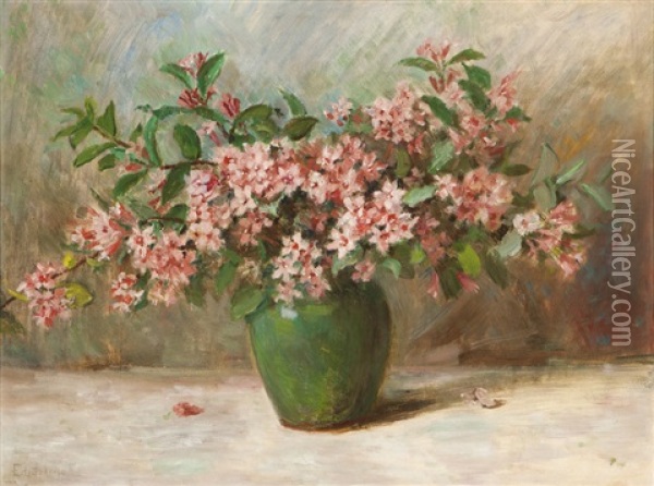 Pink Oleander Blossoms In A Green Vase Oil Painting - Edith White