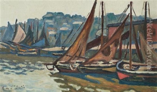 Boats In A Harbor Oil Painting - Henri Lienard De Saint-Delis