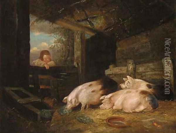 Pigs in a sty with a child at the gate Oil Painting - George Morland