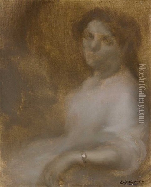 Portrait Einer Sitzenden Dame Im Weisen Kleid Oil Painting - Eugene Carriere