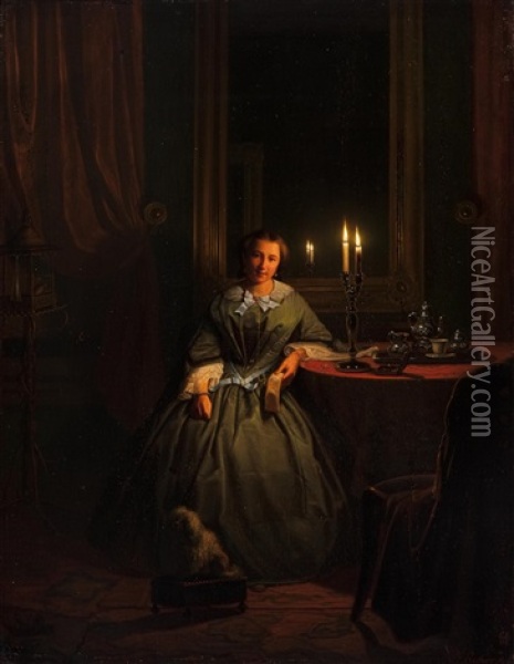Young Woman At A Table By Candlelight Oil Painting - Johannes Rosierse