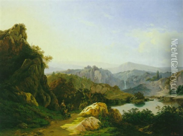 Suditalienische Gebirgslandschaft Mit Wanderern Oil Painting - Edouard De Vigne