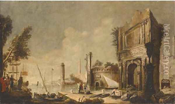 A capriccio of a Mediterranean harbour with figures amongst classical ruins Oil Painting - Marco Ricci