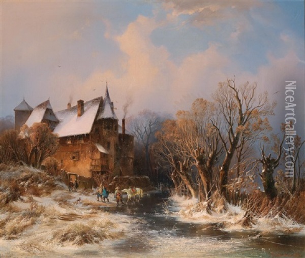 River Landscape In Winter With House And Decorative Figures Oil Painting - Adolf Stademann