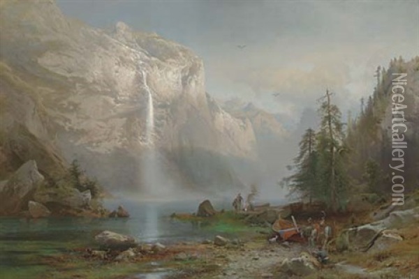 Mountain Lake Camp Oil Painting - Hermann Herzog