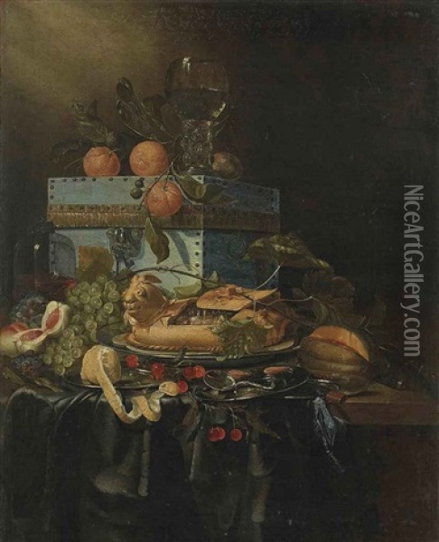 Grapes, Peaches, Cherries And Other Fruit, With A Chest And A Goblet, On A Draped Table Oil Painting - Pieter de Ring