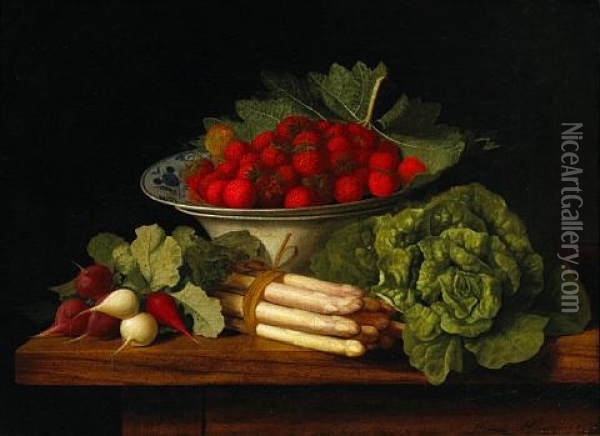 A Still Life With Strawberries In A Bowl And Radishes, Asparagus And A Head Of Lettuce Resting On A Wooden Table Oil Painting - William Hammer