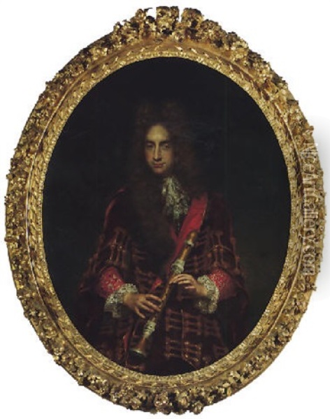 Portrait Of A Gentleman Holding A Recorder Oil Painting - Giovanni Maria Delle Piane