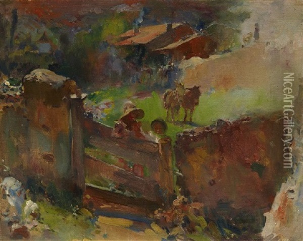 Ninos Con Burros En El Campo Oil Painting - Jose Navarro Llorens