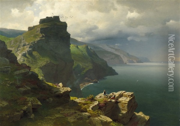 Castle Rock An Der Sonnigen Steilkuste Englands, Im Vordergrund Ein Rastendes Junges Paar Oil Painting - Max Schmidt