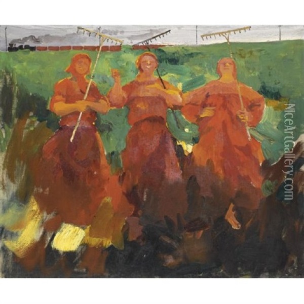 Three Peasants With Rakes Oil Painting - Filip Malyavin