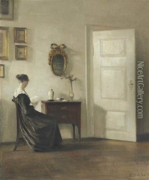 Lady Reading In An Interior Oil Painting - Carl Vilhelm Holsoe