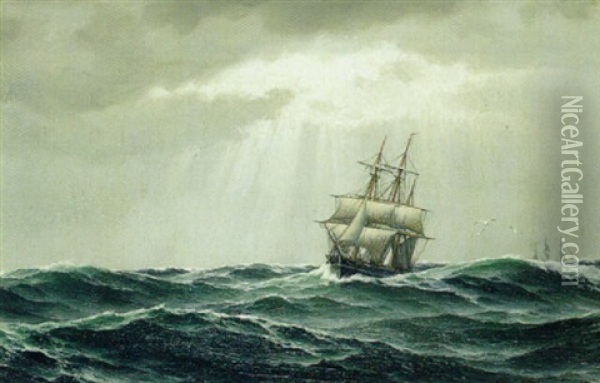 Marine Med To Sejlskibe, Solen Bryde Igennem Oil Painting - Carl Emil Baagoe