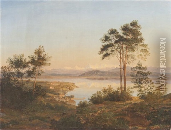 Le Lac De Neuenburger (neuchatel) Et Le Village De Saint-blaise Oil Painting - Edouard Pourtales Pury