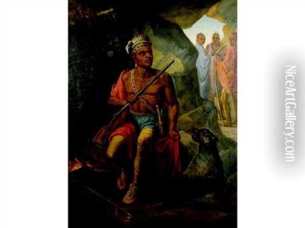 Portrait Of An American Indian Seated In A Cave By A Fire, Three Distant Figures Oil Painting - Charles Wimar