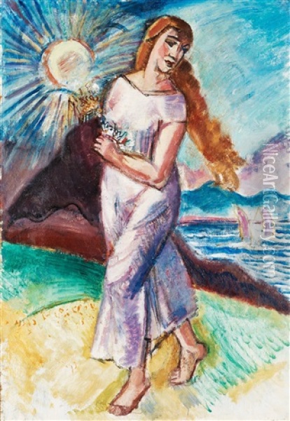 Woman In Sunny Landscape Oil Painting - Goesta (Adrian G. Fabian) Sandels