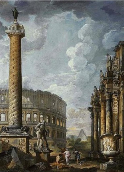 A Capriccio Of Classical Ruins With Figures Conversing Before The Colosseum, Trajan's Column, The Arch Of Constantine, The Pyramid Of Caius Cestius, The Farnese Hercules And The Medici Vase Oil Painting - Giovanni Paolo Panini