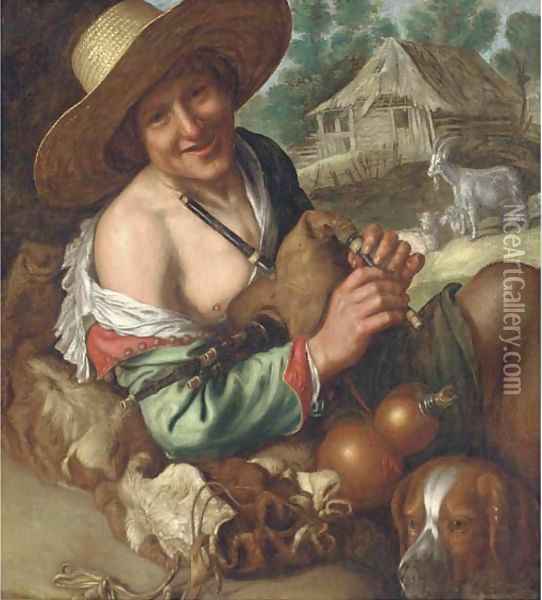 A shepherd piper with his mastiff before a shed Oil Painting - Peter Wtewael