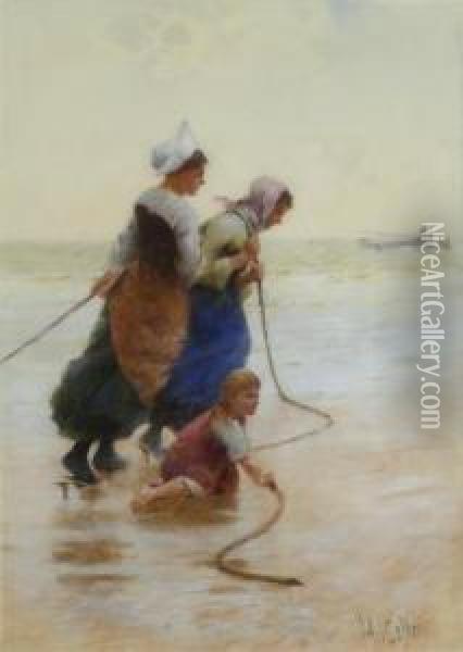 Fisherwomen Hauling In The Nets Oil Painting - Hector Caffieri