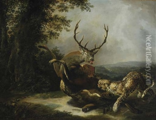 Leopards Attacking A Stag Oil Painting - Carl Borromaus Andreas Ruthart