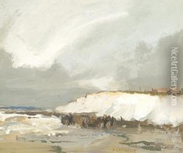 Figures On A Beach With Chalk Cliffs Oil Painting - Albert Ernest Bottomley