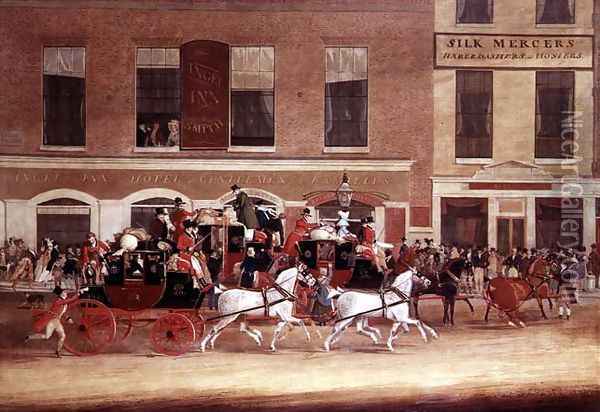 Royal Mail Coaches leaving the Angel Inn, 1827 Oil Painting - James Pollard