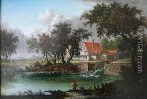 A Fisherman By A Mill Pool Oil Painting - Patrick, Peter Nasmyth