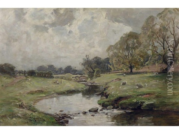 Sheep Grazing By A Stream With Children Nearby Oil Painting - Charles Johnston