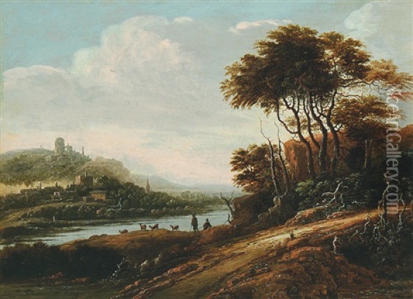 Flusslandschaft Mit Burgruine Und Ziegenhirten Oil Painting - Adrien Bloemaert