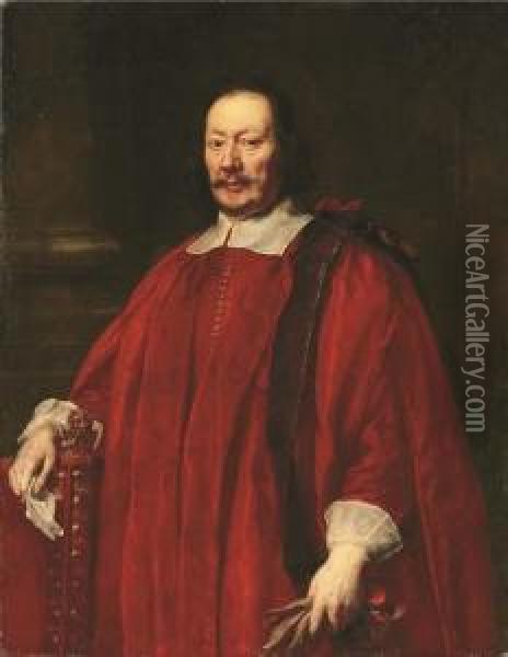 Portrait Of A Gentlemen, 
Three-quarter-length, In Crimson Robes Of Office, Resting His Right Hand
 On A Chair With A Letter, And Gloves In His Left Hand Oil Painting - Justus Sustermans