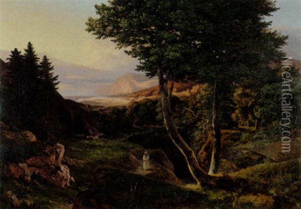 Waldlandschaft Mit Einem Monch Oil Painting - Daniel Fohr