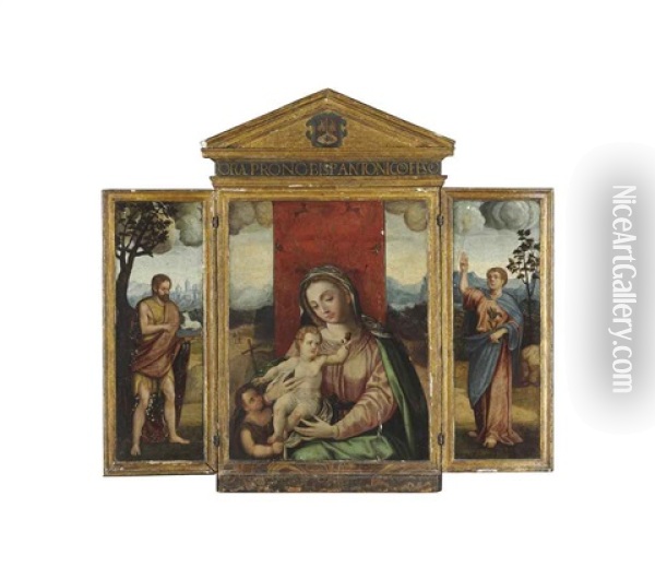 The Virgin And Child With The Young Saint John The Baptist; Saint John The Baptist On The Left Wing; Saint John The Evangelist On The Right Wing (triptych) Oil Painting - Luis de Morales