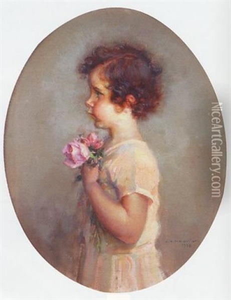 Fillette A La Rose Oil Painting - Jules Alexis Muenier