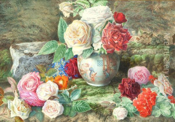 Still Life Of Roses And Geraniums In An Oriental Vase Oil Painting - Jabez Bligh