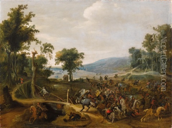 Eine Jagd In Einer Flusslandschaft (+ Schlachtenszene In Einer Hugeligen Landschaft; Pair) Oil Painting - Pieter Snayers