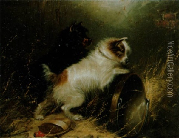 Spielende Terrier Mit Einem Eimer Oil Painting - Edward Armfield