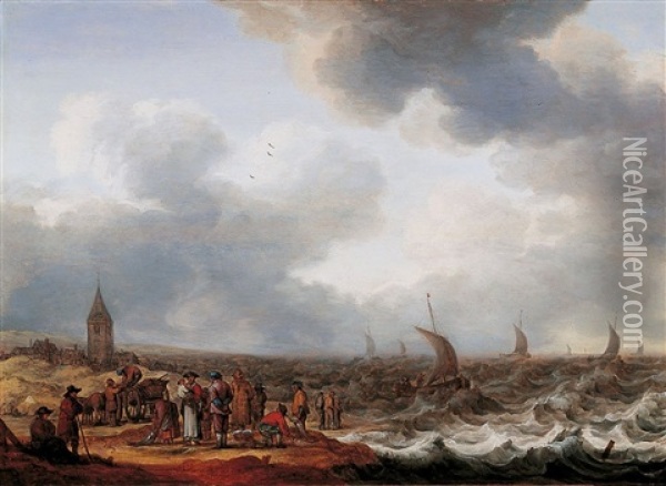 Coastal Landscape With Fishmongers And Stormy Sea Oil Painting - Cornelis Leonardsz Stooter