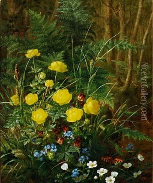 Forest Floor With Globe Flowers, Forget-me-nots And Butterflies Oil Painting - Anthonie Eleonore (Anthonore) Christensen