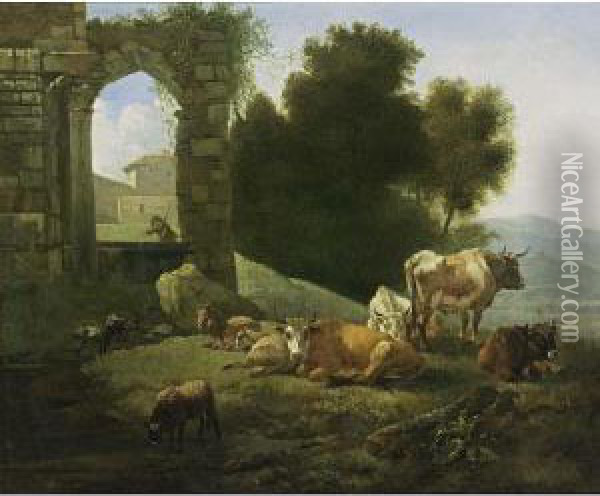 An Italianate Landscape With 
Cows, Sheep And Goats Resting And Watering In A Meadow, Near Classical 
Ruins Oil Painting - Willem Romeyn