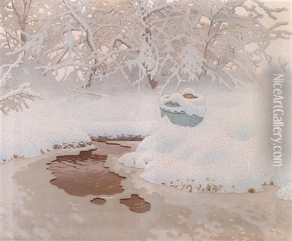 Pool In Winter Oil Painting - Gustaf Fjaestad