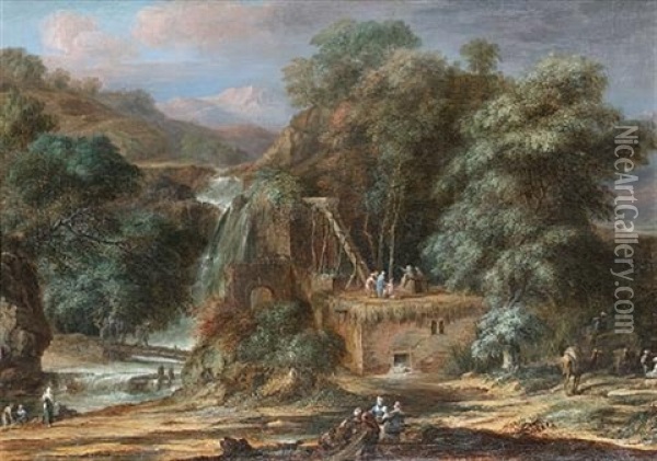 A River Landscape With Figures Constructing An Aqueduct Beside Waterfalls, Oriental Figures And Camels Nearby Oil Painting - Christoph Ludwig Agricola
