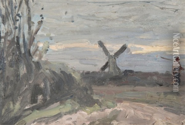 Landscape With Windmill And Farmworker Oil Painting - Harry Becker
