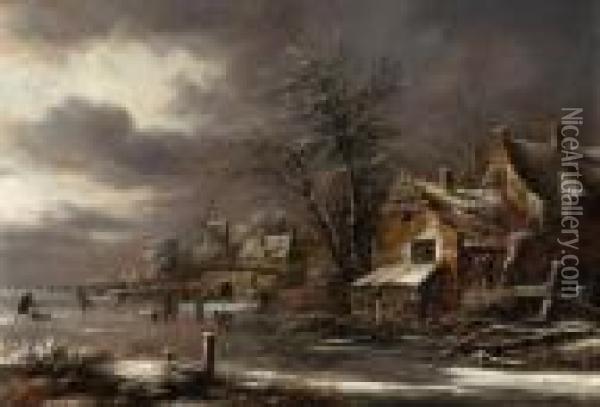 A Winter Landscape With Skaters On A Frozen River By Avillage Oil Painting - Claes Molenaar (see Molenaer)