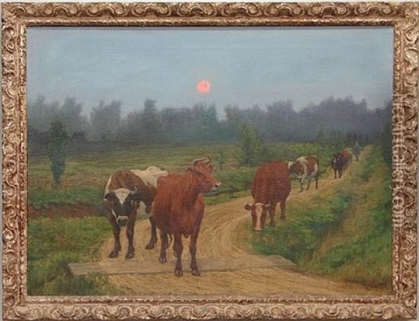 Cows Walking Home At Sunset Oil Painting - William Brooke Thomas Trego