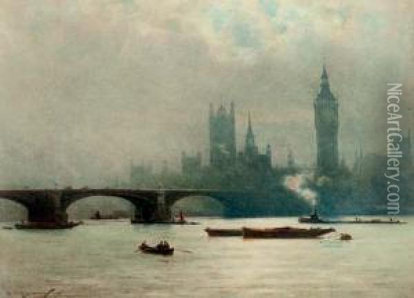 The Houses Of Parliament In The Early Morning Mist (illustrated); And London Bridge Oil Painting - William Alister Macdonald