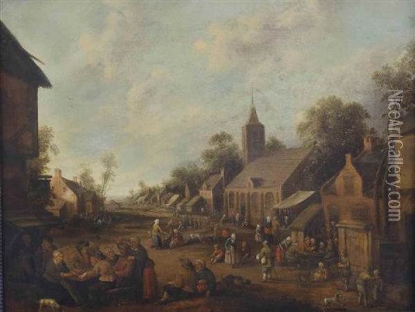 A Busy Townscape With Peasants Conversing And Drinking, A Church Beyond Oil Painting - Joost Cornelisz. Droochsloot