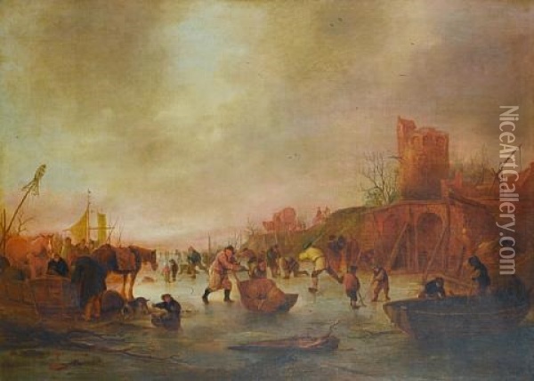 A Winter Landscape With Figures Skating And Playing Kolf On A Frozen River Oil Painting - Isaac Van Ostade