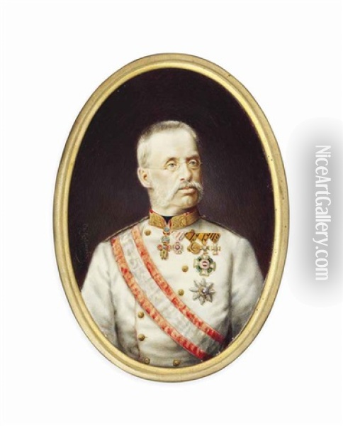 Albrecht (1817-1895), Field Marshal Archduke Of Austria And Duke Of Teschen, In White Uniform With Gold-embroidered Red Collar, Black Stock, Wearing The Jewel Of The Order Of The Golden Fleece Oil Painting - Carl Ritter von Kobierski