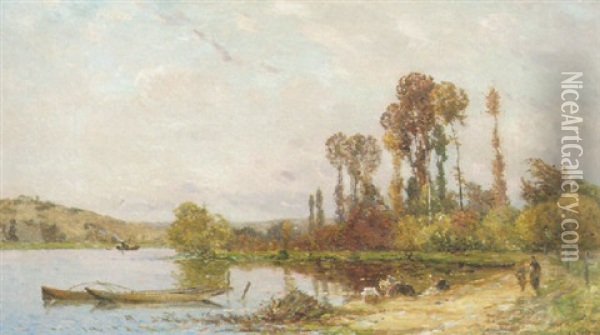 Paysage A L'etang Et Aux Lavandier Oil Painting - Hippolyte Camille Delpy