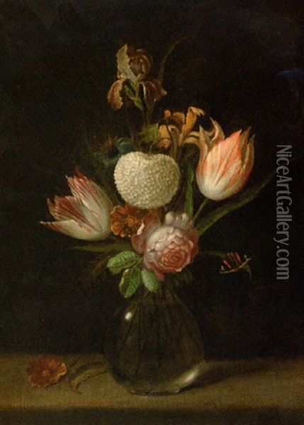 Parrot Tulips, A Chrysanthemum, A Rose, An Iris And Other Flowers In A Glass Vase With A Butterfly On A Ledge Oil Painting - Balthasar Van Der Ast